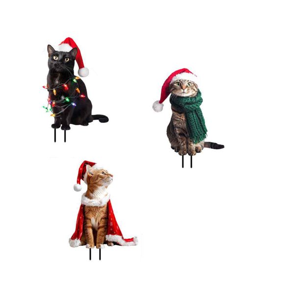 Darzheoy 3Pcs Cat Christmas Yard Signs with Stakes Christmas Lawn Sign Pet Theme Christmas Yard Stakes Waterproof Christmas Yard Decorations for Holiday Garden Patio