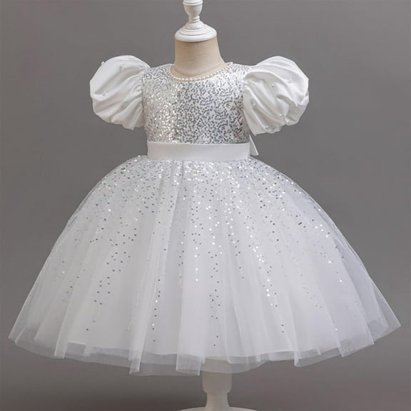 Sequins Prom Dresses for Girls Size 2-10 Toddlers Kids Formal Short Puffed Sleeve A-Line Solid Flower Girls Birthday Party Dress