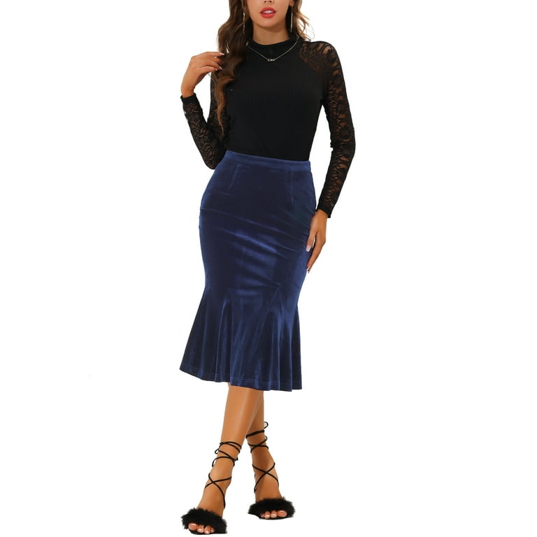Unique Bargains Women s Feminine Chic Retro Bodycon Elastic Back Velvet Midi Skirt XL Dark Blue Walmart