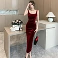 thumbnail image 4 of Summer Women Evening Dress Sleeveless Slim Fit Backless Pure Color Split Hem Velvet U-shaped Neck Prom Cocktail Party Midi Dress, 4 of 7