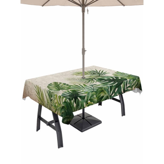 Outdoor Tablecloth with Umbrella Hole for Patio/Picnic/Party/Camping, Tropical Plants Waterproof Table Cloth Rectangle Table Cover Washable, Summer Vintage Monstera Green Palm Leaves (54"x 80")