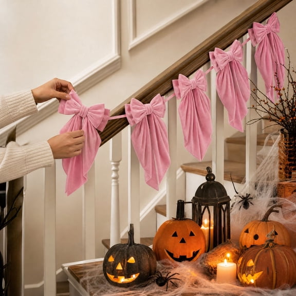 JHRGJIO Velvet Bow Garland, Tied Bow String Christmas Holiday Decor Accent, Fireplace Mantel Staircase Wall Xmas Party Decoration Display Seasonal 4 Colors 6 Pack