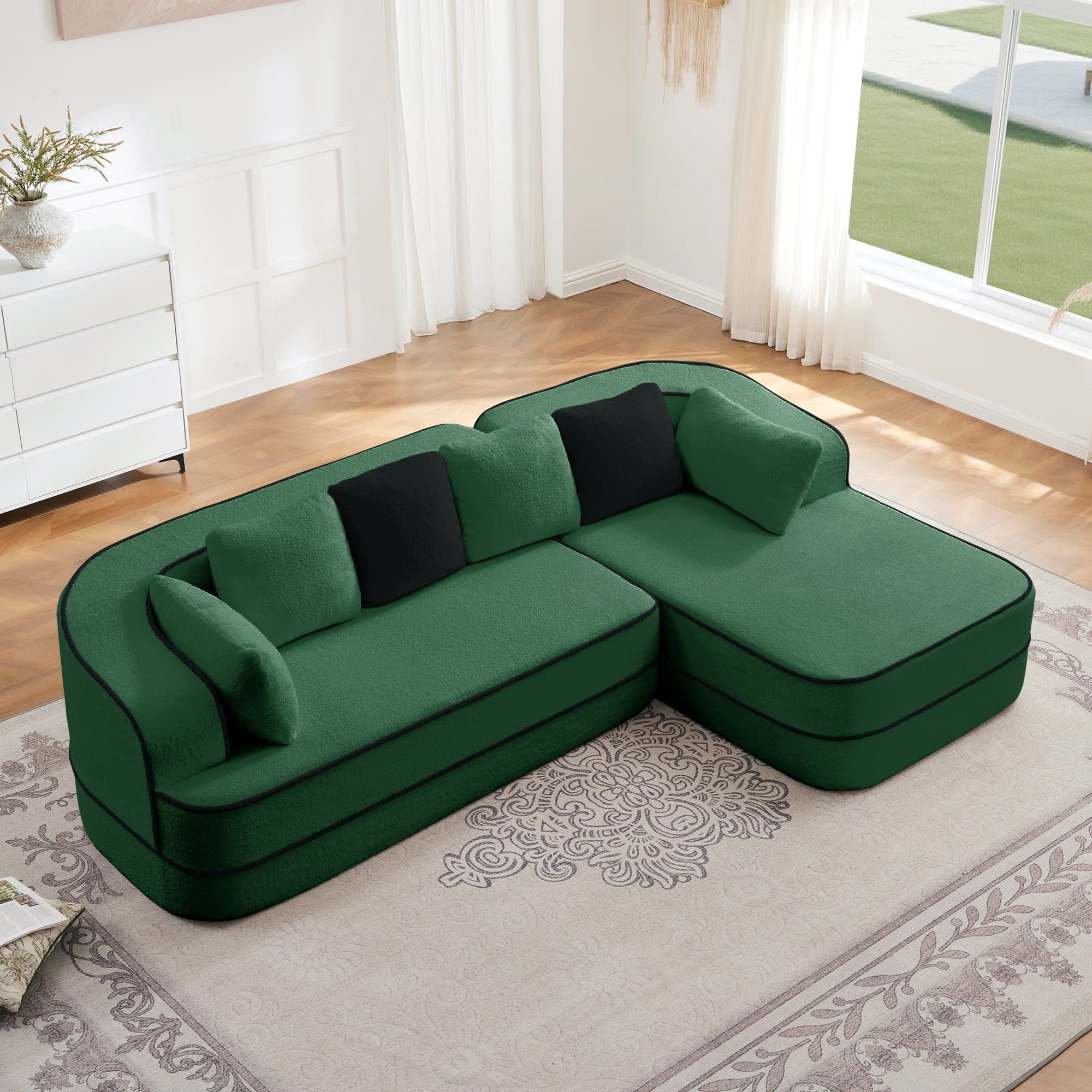 MAYEERTY 105.9" L-Shaped Teddy Fabric Boneless Sofa, Green 1200LBS Capacity 32D Foam No Assembly Couch with Chaise for Living Room
