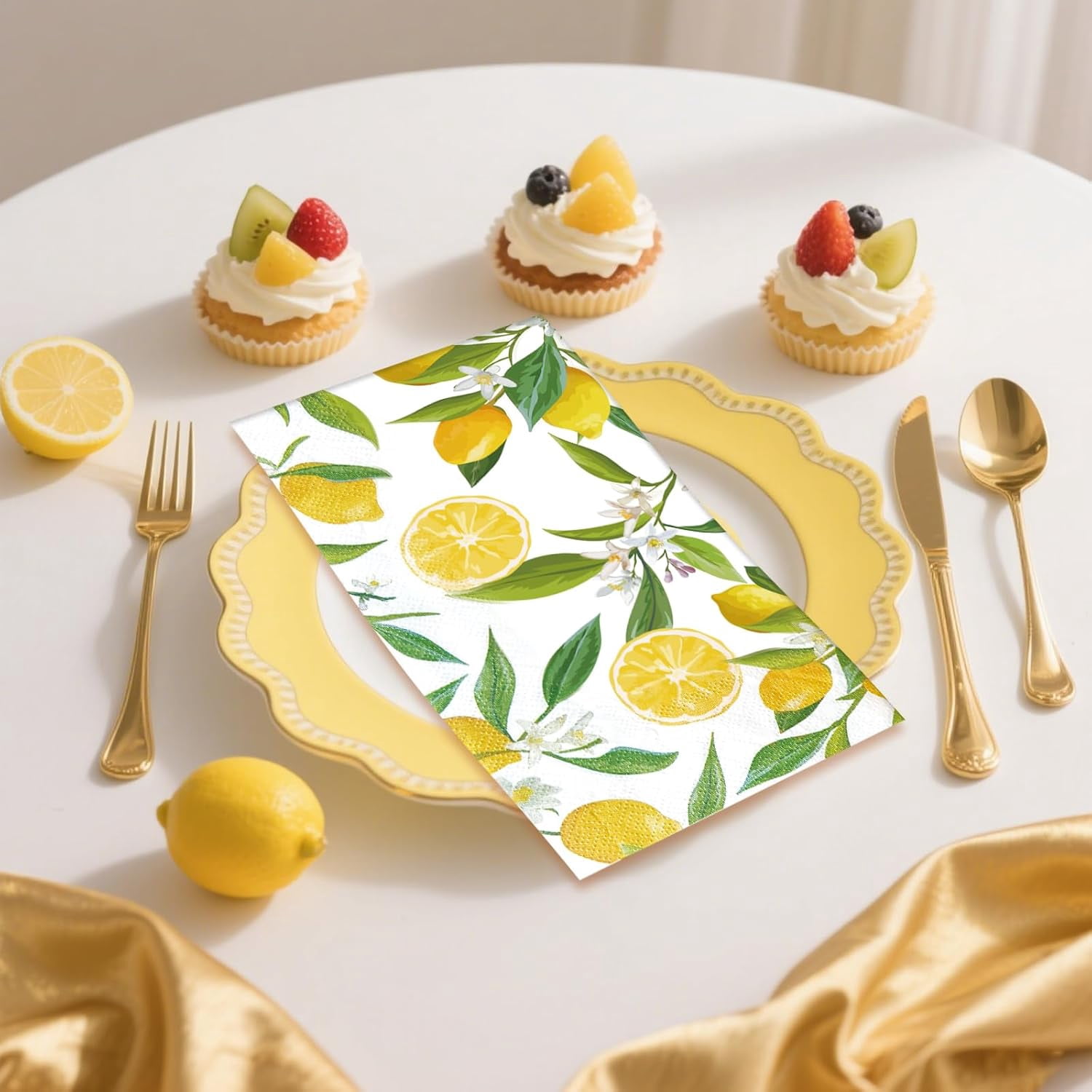 100 PCS Napkin Disposable, Yellow Lemon and Leaf Pattern 3-Ply Lemon Napkins, Home Party Guest Bathroom Napkin Bridal Shower Wedding, Decorative Napkins