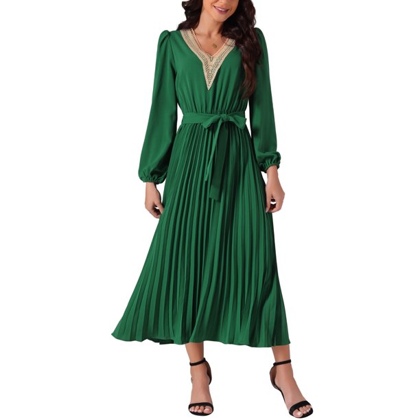 INSPIRE CHIC Vestido Midi Plisado Casual de Manga Larga con Cuello en V y Cinturón para Mujeres 2024 XL Verde