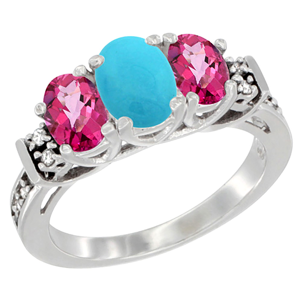 14K White Gold Natural Turquoise & Pink Topaz Ring 3-Stone Oval Diamond Accent, sizes 5-10 by WorldJewels