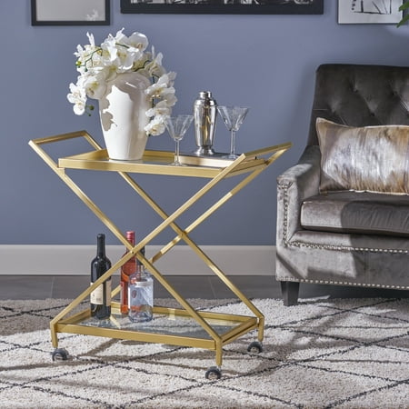 - Noble House Indoor Industrial Iron and Glass Bar Cart, Gold