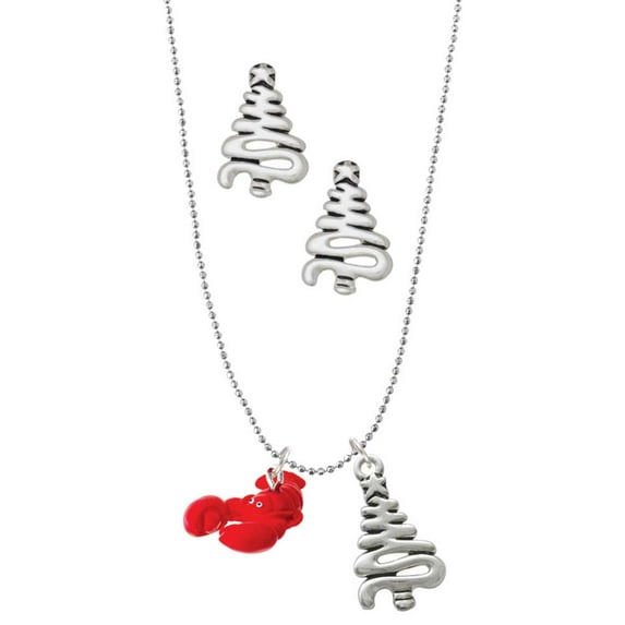 Delight Jewelry Resin Curved Red Lobster Silver tone Zig Zag Christmas Tree Charm Necklace and Stud Earrings
