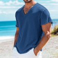 thumbnail image 5 of Bohemian Raw Hem V Neck Mens Short Sleeve Shirt, Fringe Casual Pullover, Skin Friendly Linen Blend Fabric for Seaside Walking Daily Vacation Outfits Blue L, 5 of 7