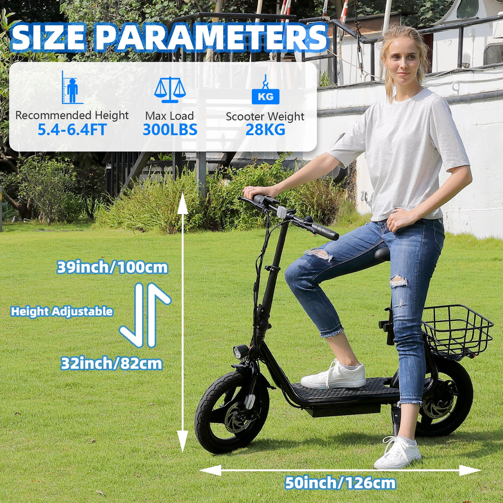 HOTEEL Electric Scooter with Seat, 819W Peak 500Wh Battery 25 Miles Range 20Mph Top Speed, Foldable Electric Scooter for Adults with Basket, Black
