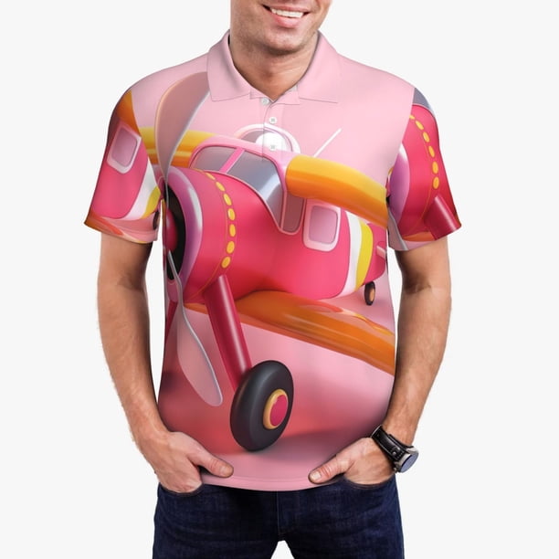 Fotbe Colorful Cartoon Biplane Camiseta Polo de Golf para Hombre con Estampado – Camisa Deportiva Transpirable con Cuello Abotonado-Small