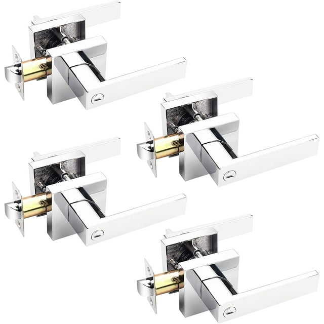 Polished Chrome Door Handles Interior Square Privacy Door Levers Door Handles Interior Door Lock for Bedroom and Bathroom Reversible for Right/Left Side Doors