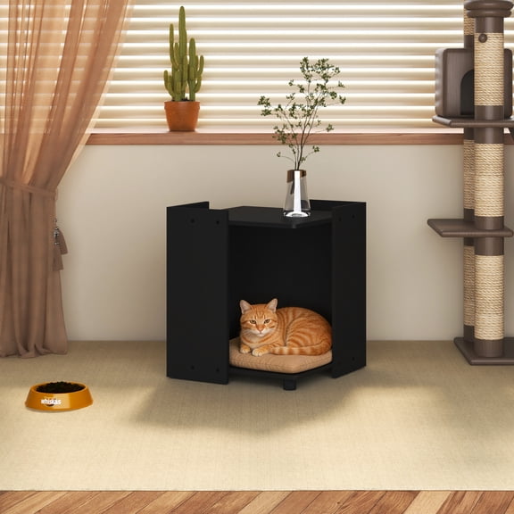 HOMLUX Modern Square Cat Litter Box Enclosure with Open Shelf, Hidden Pet House Furniture, 35 lbs Capacity, Black