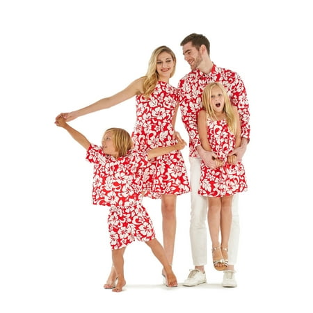 

Matchable Family Hawaiian Luau Men Women Girl Boy Clothes in Classic Vintage Hibiscus Red