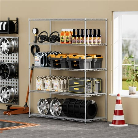 

5-tier heavy-duty adjustable shelving and racking 300 lbs. per wire shelf with wheels and shelf liners for warehouses supermarkets kitchens etc. 59.45 L × 24.02 W × 71.65 H Gray