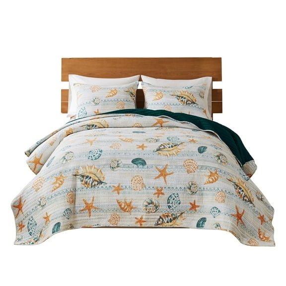 Benjara Carie 3pc Full/Queen Quilt Set, Coastal Seashells, Blue Cotton Microfiber