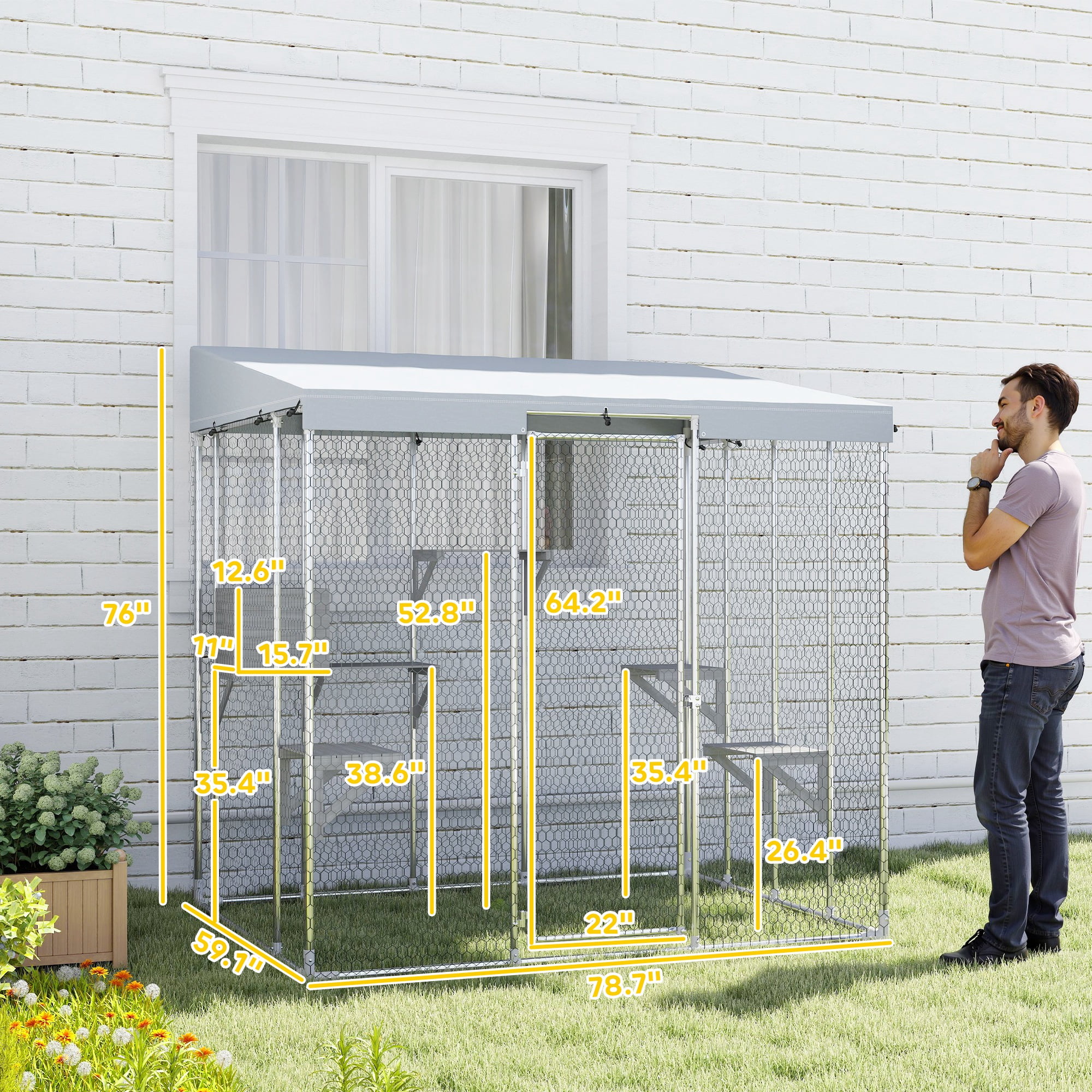 PawHut Large Catio Outdoor Cat Enclosure, Galvanized Steel Outdoor Cat House with 420D Waterproof Canopy for 1-3 Large Cat, Walk-in Cat Cage, Silver