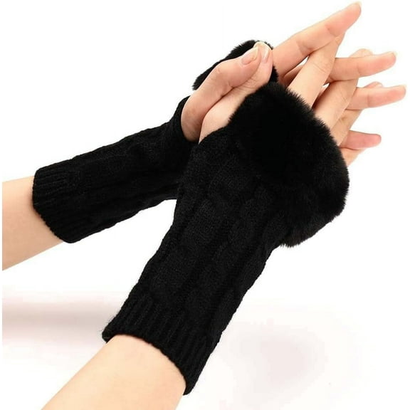 2 Pairs Black Furry Fingerless Gloves Soft Fluffy Thumb Hole Gloves Knitting Winter Crochet Warm Arm Sleeves Fur Hand Wrist Warmer Mitten Bulk for Women Typing Writing Driving Supply
