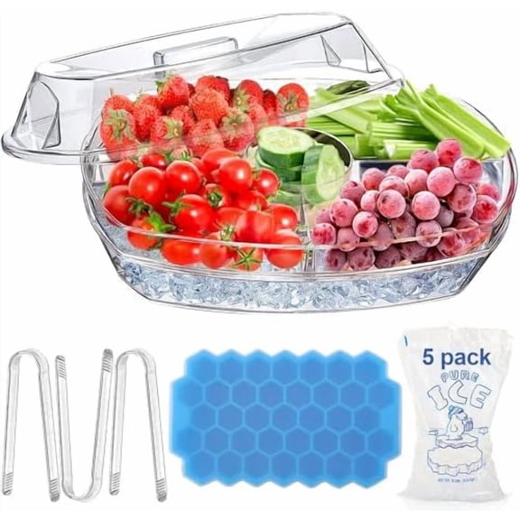 15 Inches Divided Serving Tray, Party Platters and Trays with Lid, Snackle Box Container, Fruit Tray, Veggie Tray, Chilled Serving Trays for Food, Appetizers, Desserts, Cold Food Buffet Server