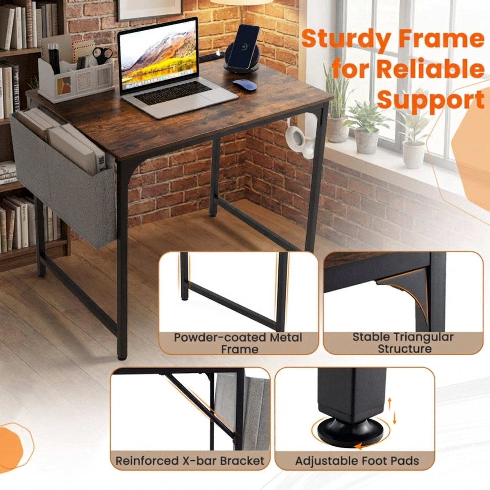 Furnibear 32 Inch Home Office Writing Desk with Charging Station Storage Bag and Headphone Hook - Rustic Brown