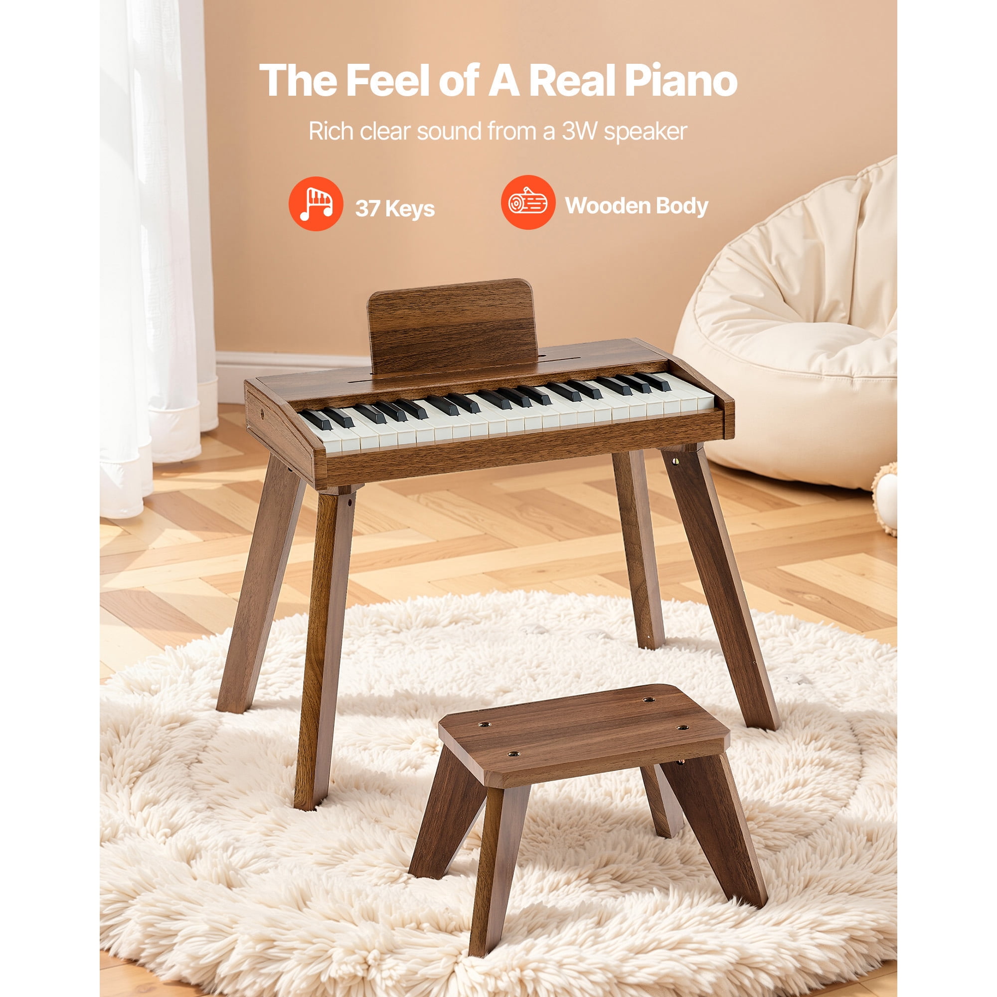 KFFKFF 37-Key Wooden Digital Piano for Kids, Mini Educational Music Instrument with Realistic Sound, Dual Power Options, Adjustable Volume, Ideal for Toddlers and Young Learners, Walnut Finish