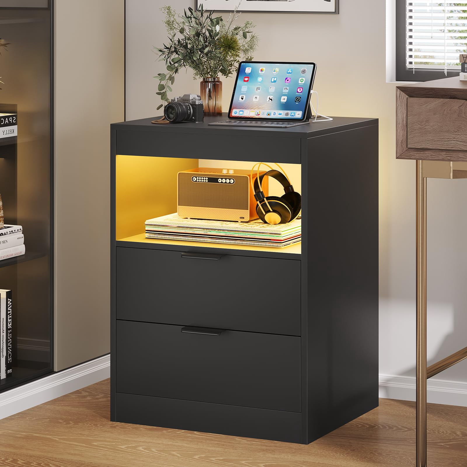 Black Nightstand Set of 2, Nightstand with LED Light and Wireless Charging Station, Night Stand with Drawers & Pull-Out Shelf, Modern Bedside Table with Storage, End Table Side Table