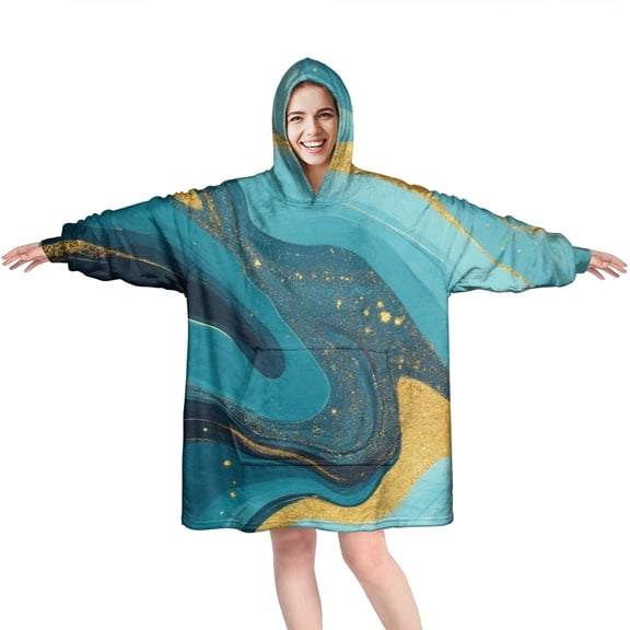 Blue and Gold Marble Wave Art Pattern Wearable Oversized Blanket,Wearable Blanket Hoodie for Adults,Cozy Hooded Blankets with Super Pockets,Super Warm Fuzzy Pullover for Women & Men