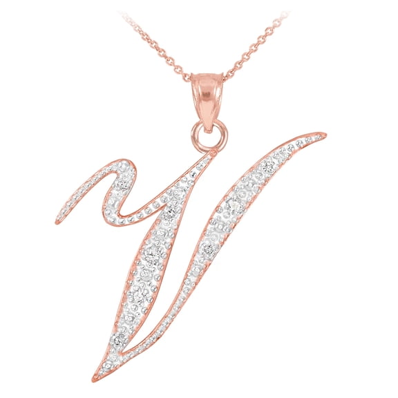 14K ROSE GOLD LETTER SCRIPT "V" DIAMOND INITIAL PENDANT NECKLACE : Pendant with 20" chain