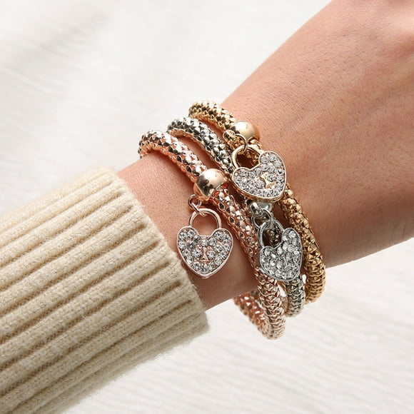 EGNMCR Bracelets pour Femmes Bracelets Multicouches - 3 Pcs Bracelet Chaîne Maïs Or/argent/or Rose pour Femmes Bracelet Extensible en Forme de Cœur Bracelets Mode