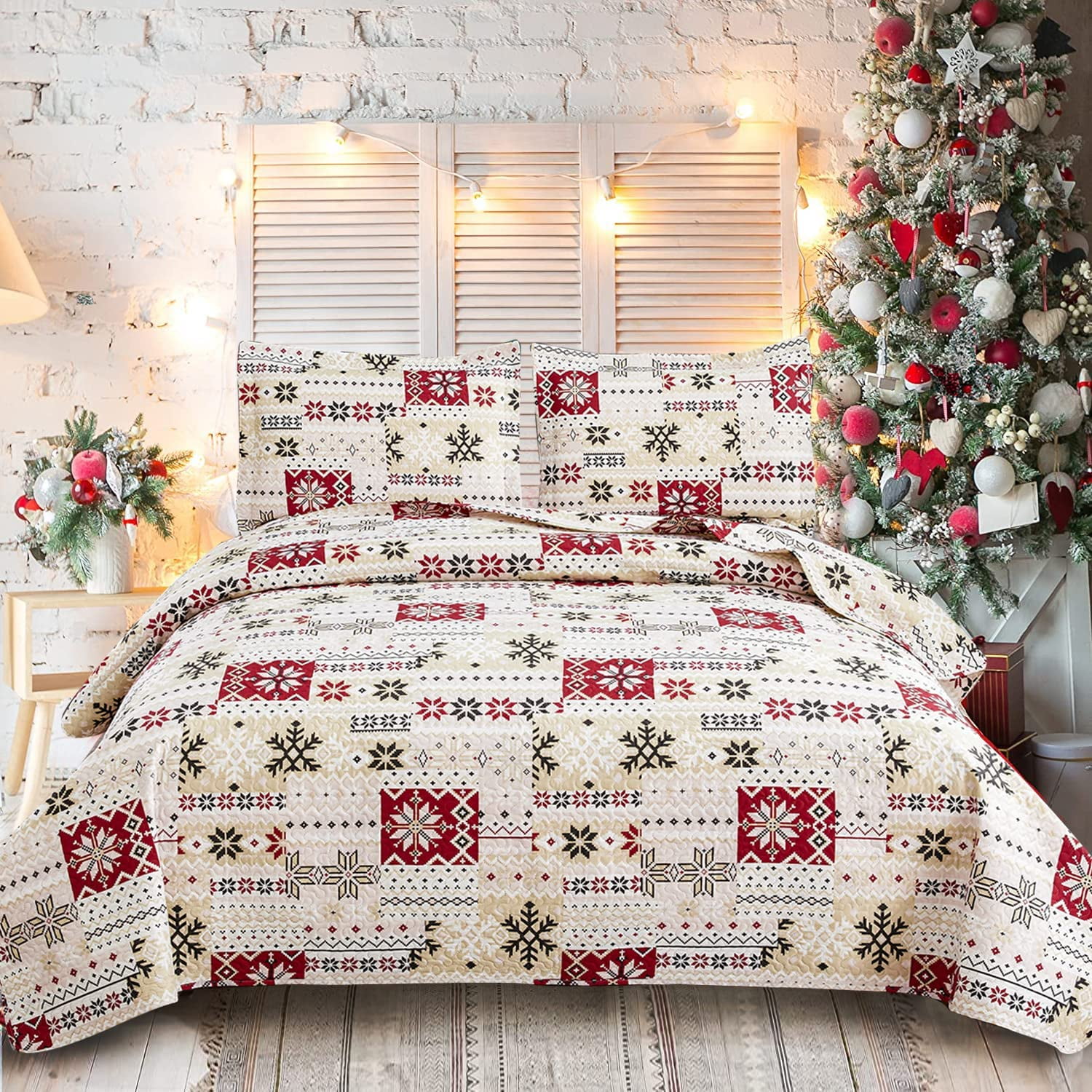 Christmas Quilt Sets King Size, 3Piece Xmas Bedspread Snowflake