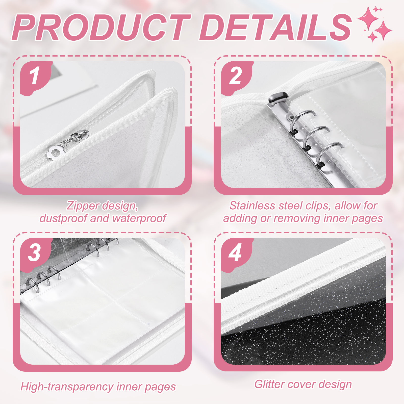 A5 Photocard Binder, 4 Photo Style Clear KPop Photocard Holder Binder Book,  Korean Kpop Photo Card Album with 25 Pcs Inner (200 Card Slots), White