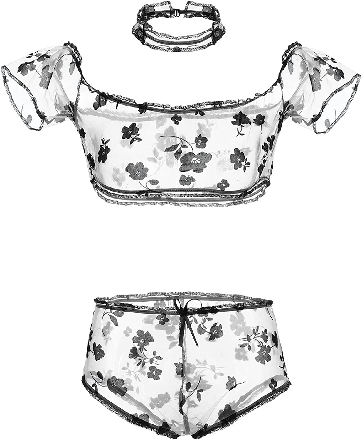 Women Sexy Mesh Sheer Lingerie Set Off Shoulder Top and Panty See