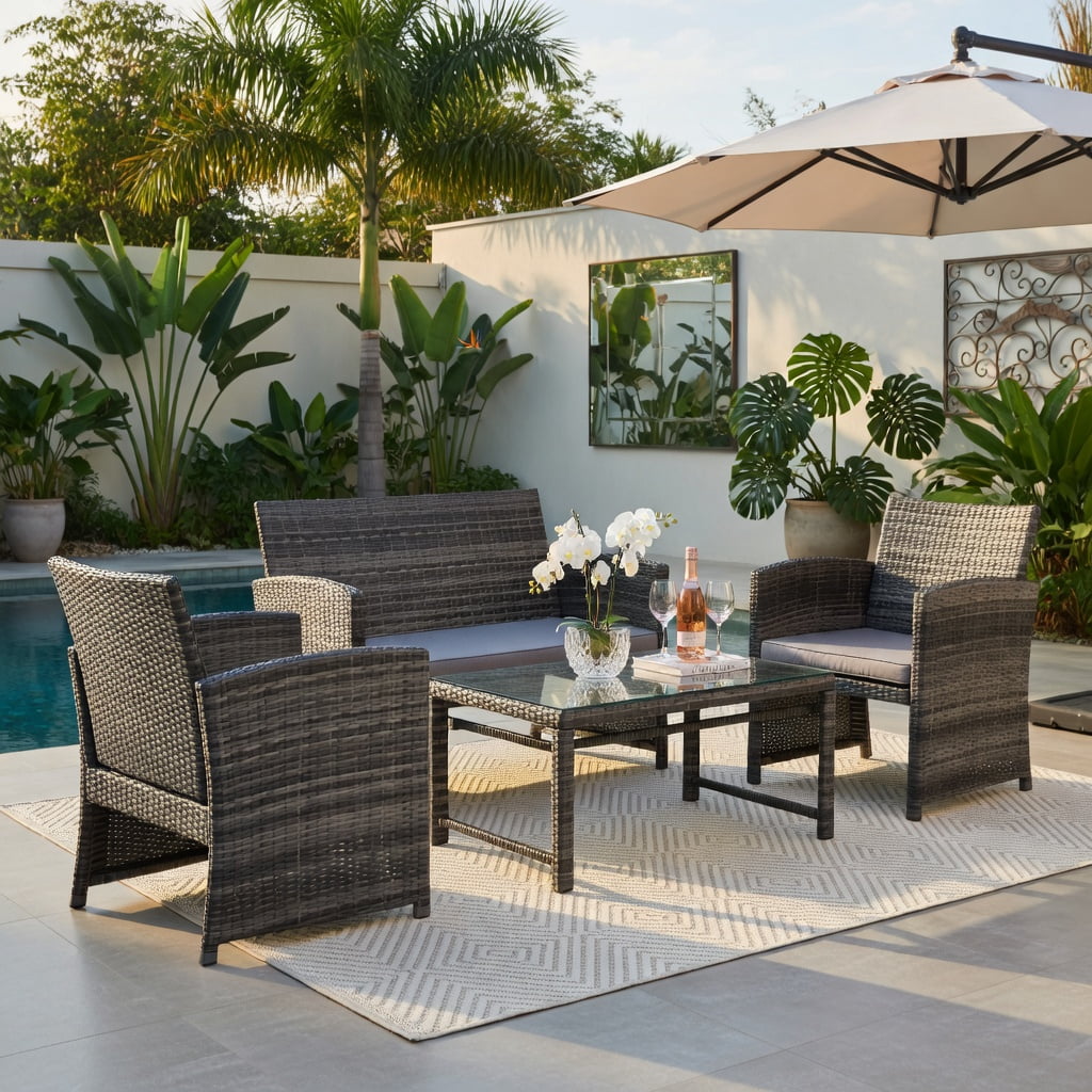 Hommoo 4-Piece Outdoor Rattan Patio Furniture Set, PE Wicker Loveseat, 2 Single Chairs & Tempered Glass Coffee Table for Backyard, Balcony, Garden, Gray
