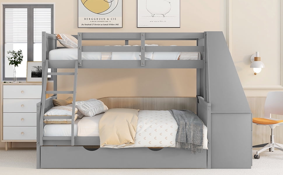 EUROCO Wood Twin over Full Bunk Bed with Twin Trundle, Built-in Desk with Shelf and 3 Drawers for Kids Teens Adults, 3-in-1 Beds, Gray