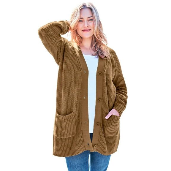 Woman Within Plus Size Button-Front Shaker Cardigan Sweater