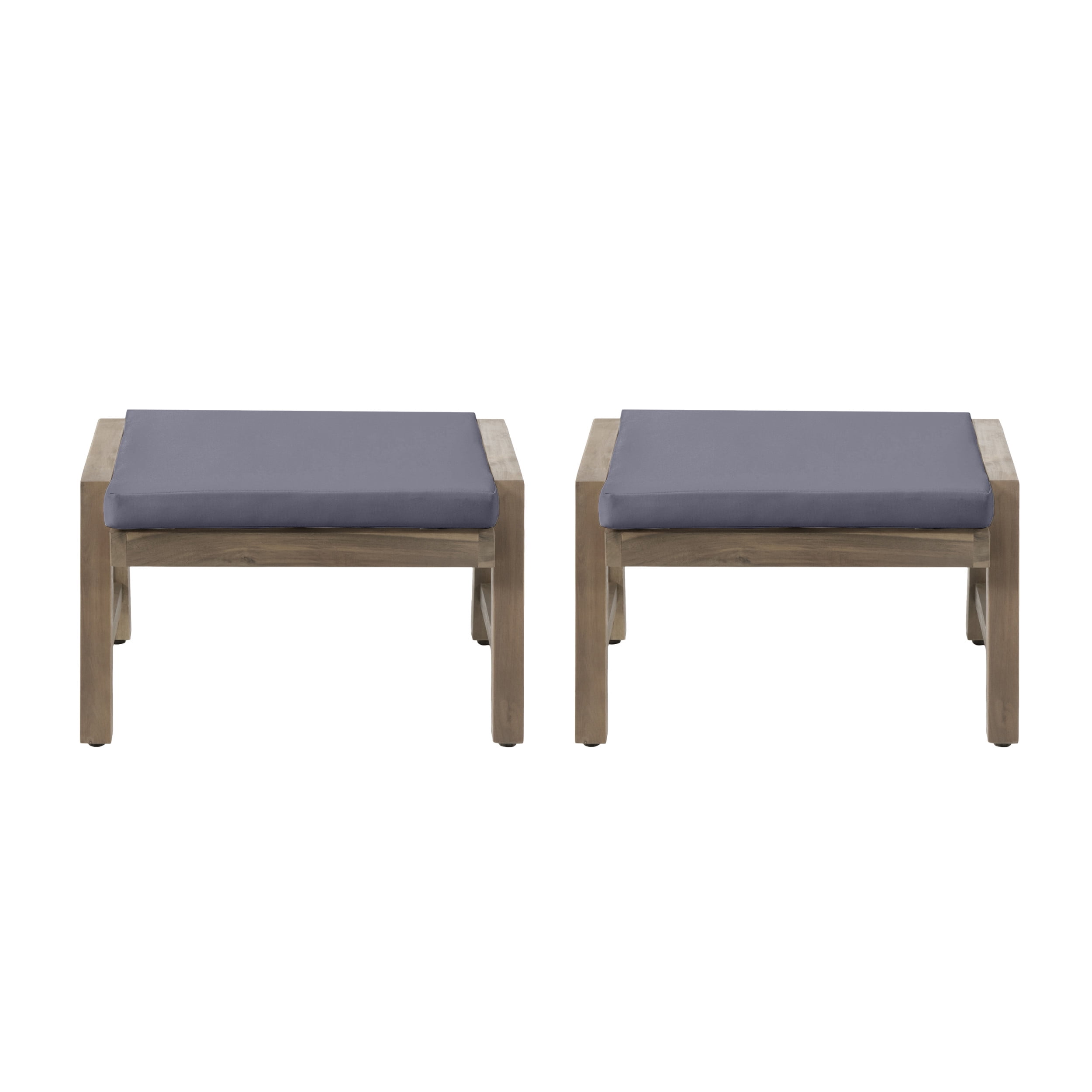 Sasha Acacia Wood Outdoor Ottomans with Cushion, Set of 2, Gray and Dark Gray