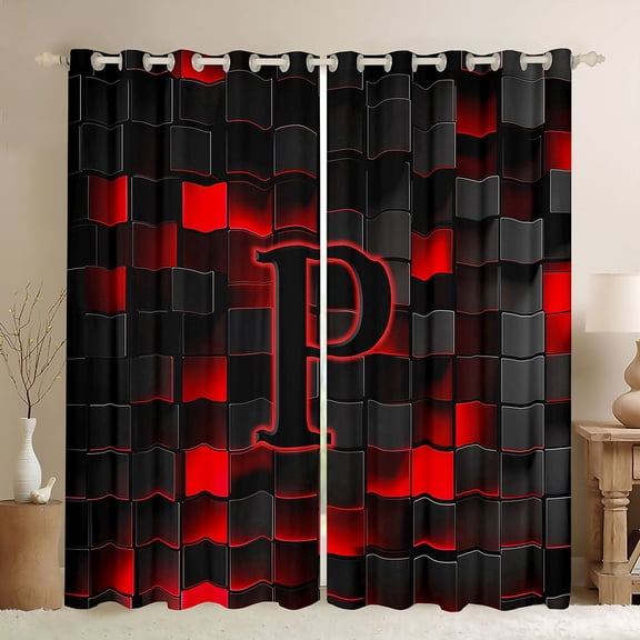 Erosebridal Teens Black Red Geometric Grid Black Out Curtains,P Personalized Initial Curtains Pack of 2 (42x63 Each) For Boys Girls