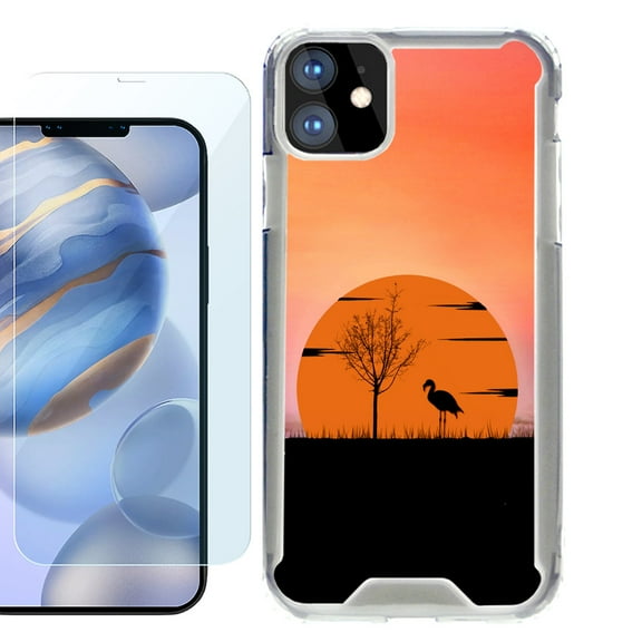 For Apple iPhone 12 Case, iPhone 12 Pro Case, Hybrid Bumper Phone case, with Tempered Glass Screen Protector, by OneToughShield ® - Sunset Flamingo