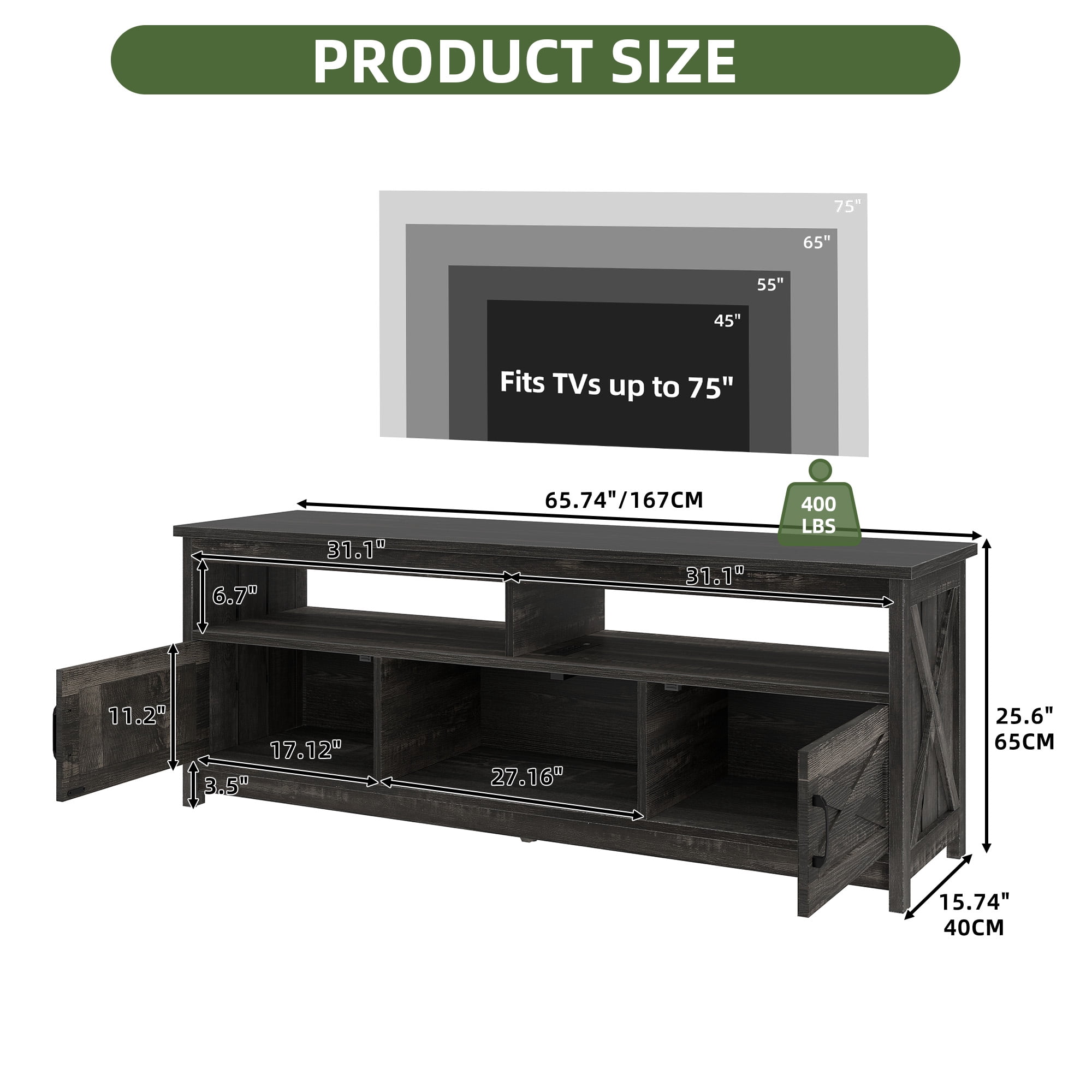 Uforic 65" Farmhouse TV Stand for 60/65 Inch TV with Power Outlet,Entertainment Center TV Console with LED Light, Dark Gray