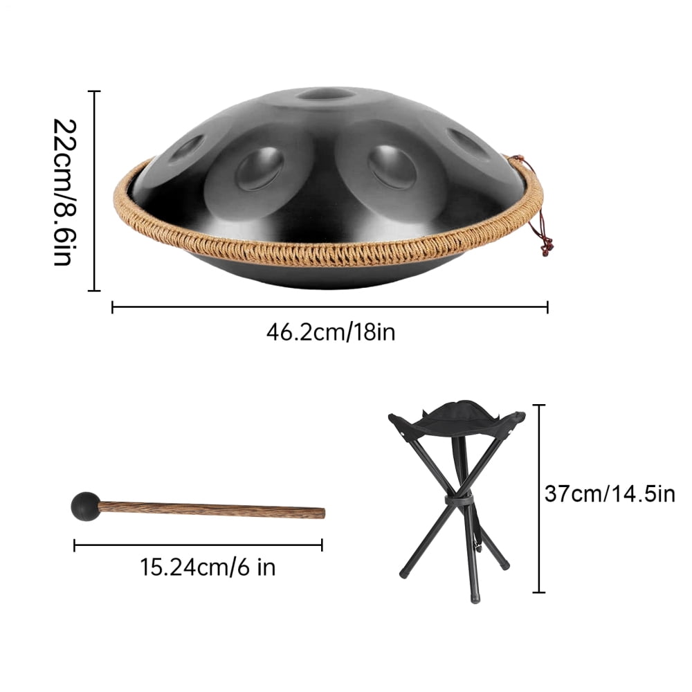 18 Inches G Minor Kurd Handpan Drum,440Hz 9 Notes Hand Drum Instrument, Steel Hand,Handpan Instrument for Adults, Pan with Storage Bag,Mallet,Braid,Stand,Black