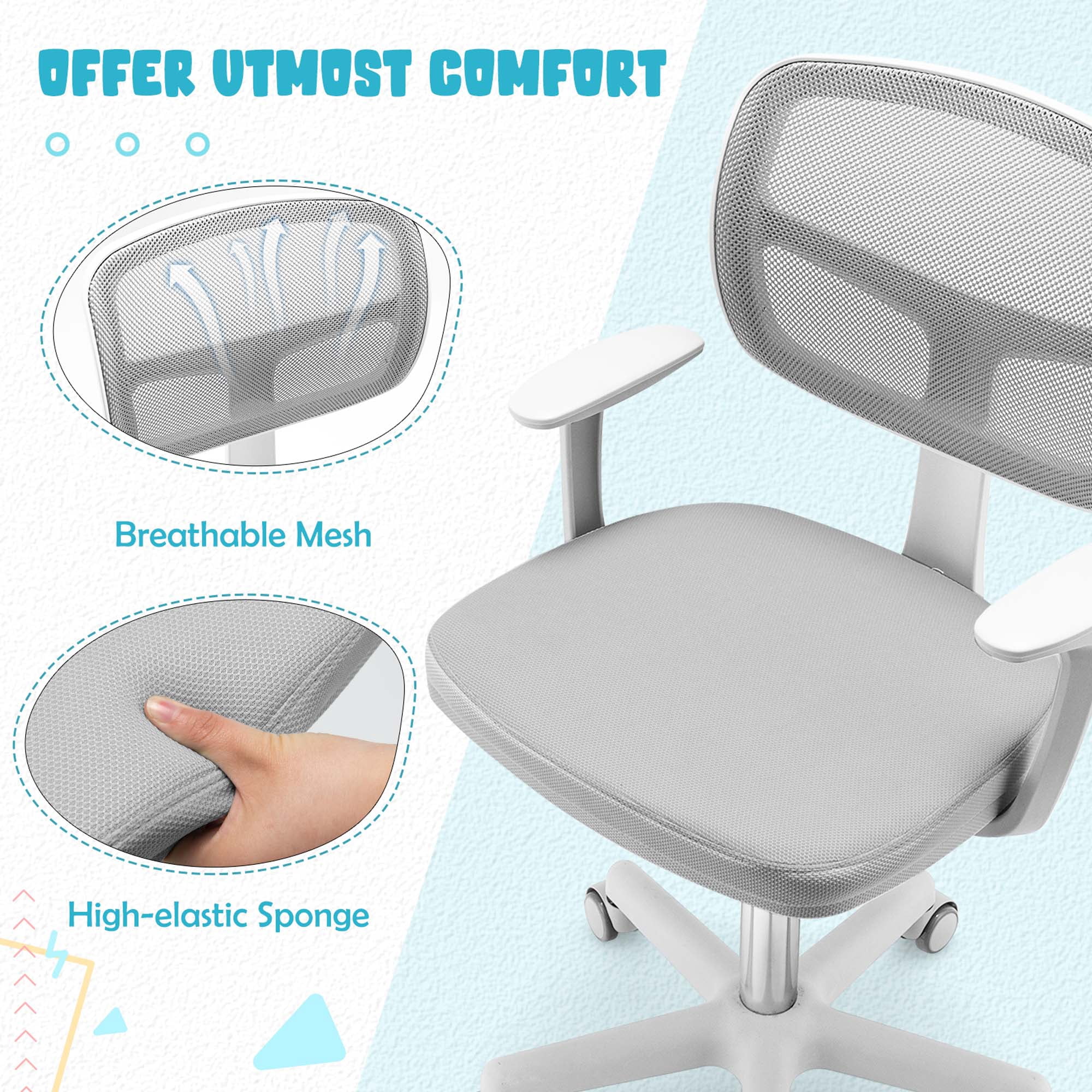 Costway Kids Desk Chair Study Computer Chair with Adjustable Height, Lumbar Support Grey