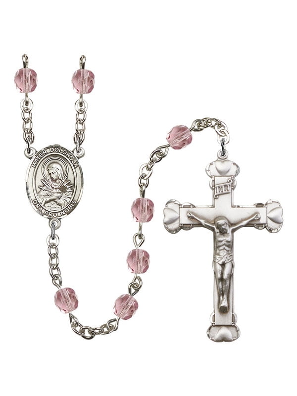 Gift Boxed Mater Dolorosa Center Silver Finish Mater Dolorosa Rosary with 6mm Light Amethyst Color Fire Polished Beads and 1 5/8 x 1 inch Crucifix