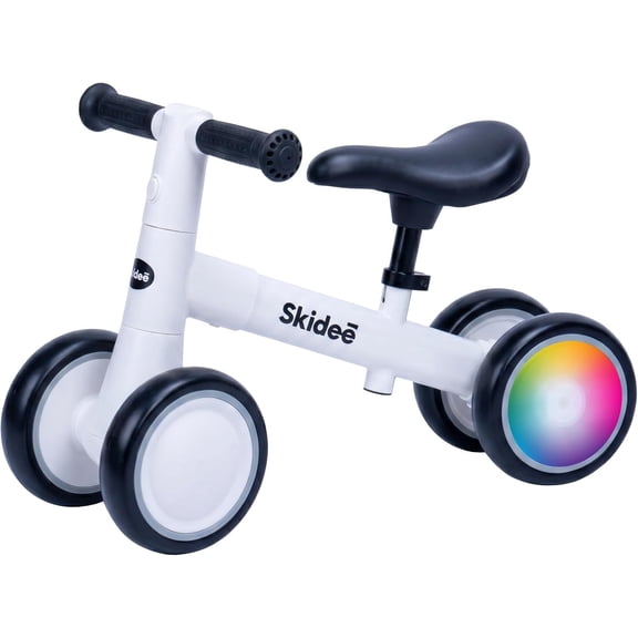 Skidee Toddler Balance Bike 1-3, 4-Wheel Balance Bike with Rare Light-Motion-Activated LED Wheels, Adjustable Height & Child Safe Steering, Lightweight Ride-On Toy Training Bike for Boys & Girls