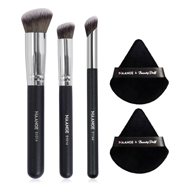 MAANGE 3Pcs Makeup Brushes + 2Pcs Triangle Powder Puff Set - No-Stroke Concealer Eye Shadow Makeup Brush Blending Beauty Tools (Black Silver)