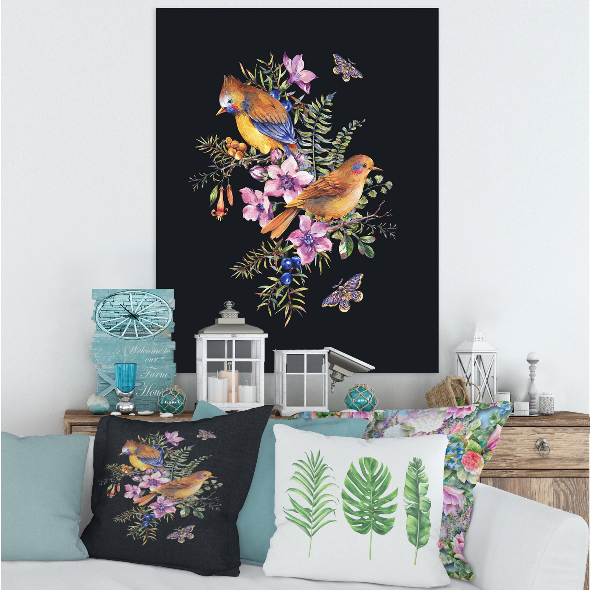 Designart ' Little Bird Sitting On Colourful Bouquet Of Wildflowers II ' Traditional Canvas Wall Art Print