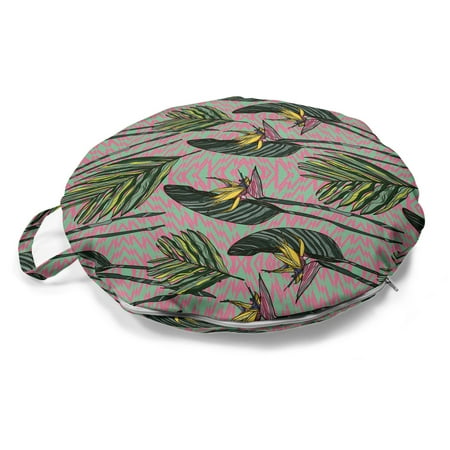 

Tropical Round Floor Cushion with Handle Bird of Paradise Flowers with Exotic Jungle Leaves Zigzag Backdrop Pillow for Living Room & Dorms 18 Round Pink Forest Green Seafoam by Ambesonne