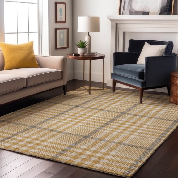 Addison Rugs Mayfield Premium Machine Washable Transitional Plaid Gold Rectangle Rug, 5' x 7'6"