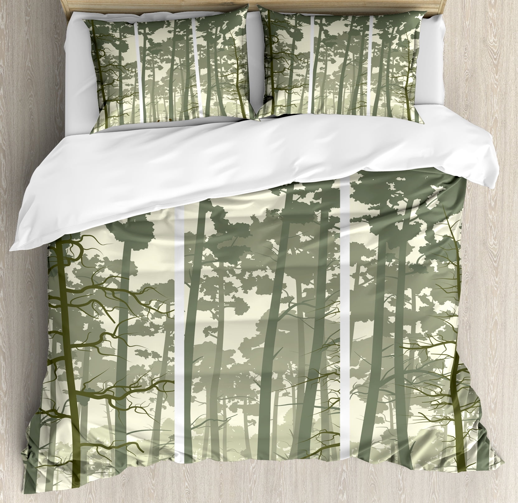 Forest Duvet Cover Set Vertical Stripes With Tall Trees And Lonely Deer Nature Ilration Decorative Bedding Pillow Shams Sage Green