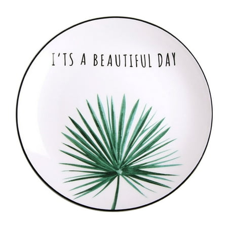 

NUOLUX 8 Inches Creative Round Dish Adorable Ceramic Plate Hawaii Style Tableware Durable Fruit Plate Simple Dish Plate (Palm Leaves)