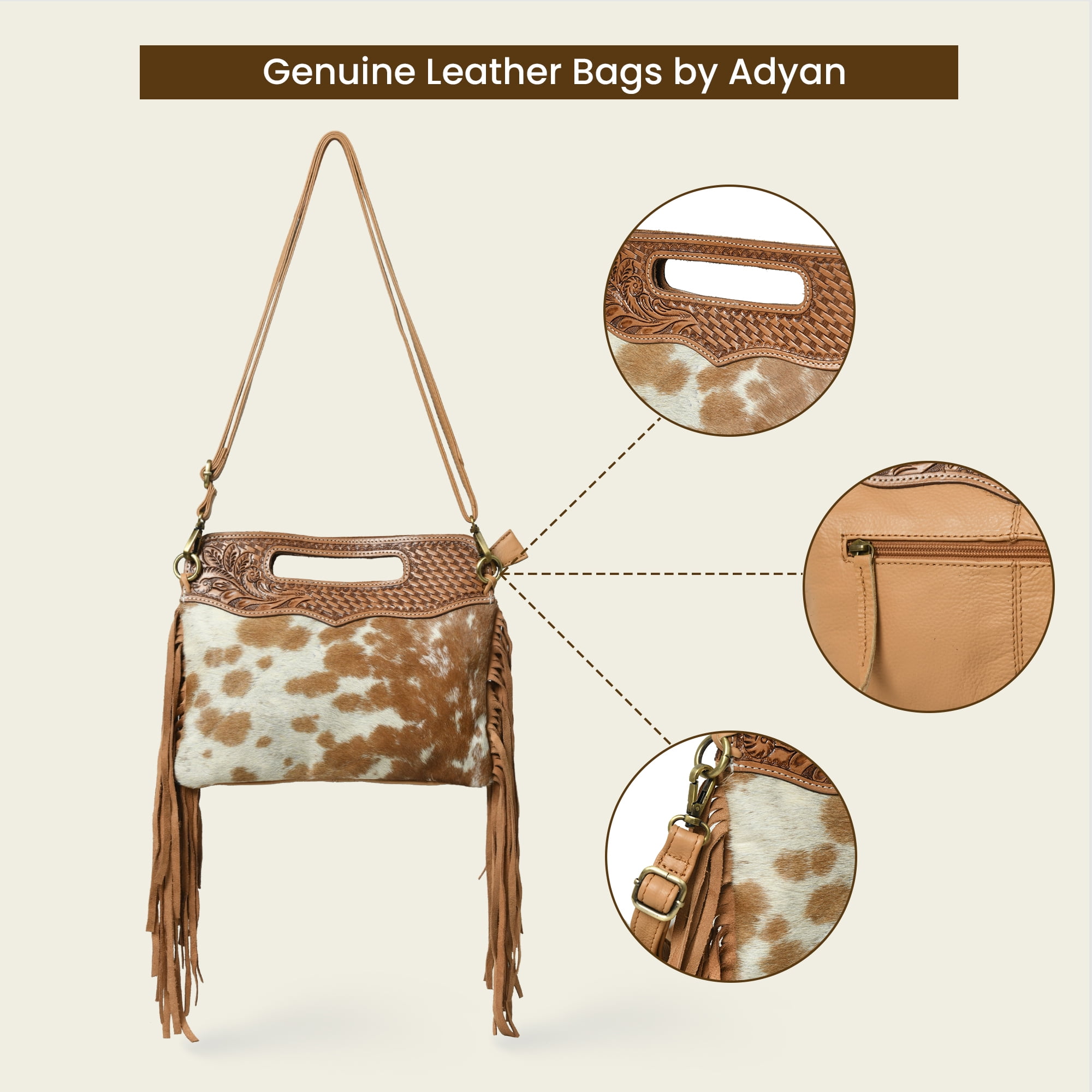 Women's Western Fringe Leather Hand Bag – Sling Bag Suede Hair-On Handbag with Adjustable Strap, Handmade Sling Purse 12"x10" Tan n White